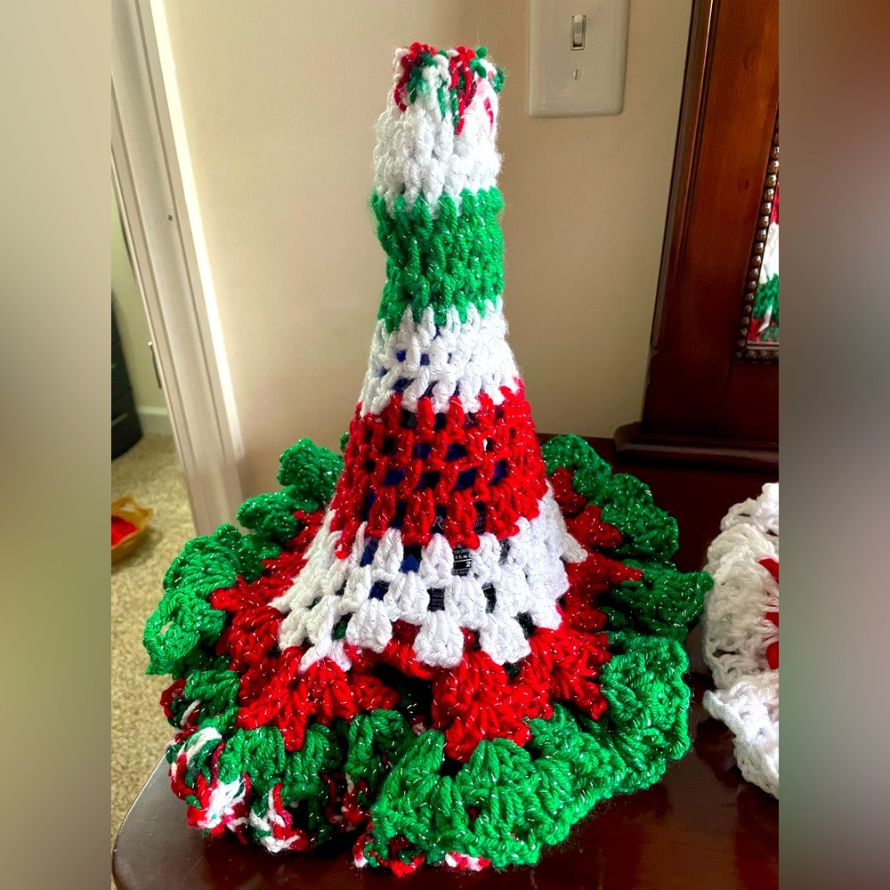 Festive hand-crocheted bottle/wine covers